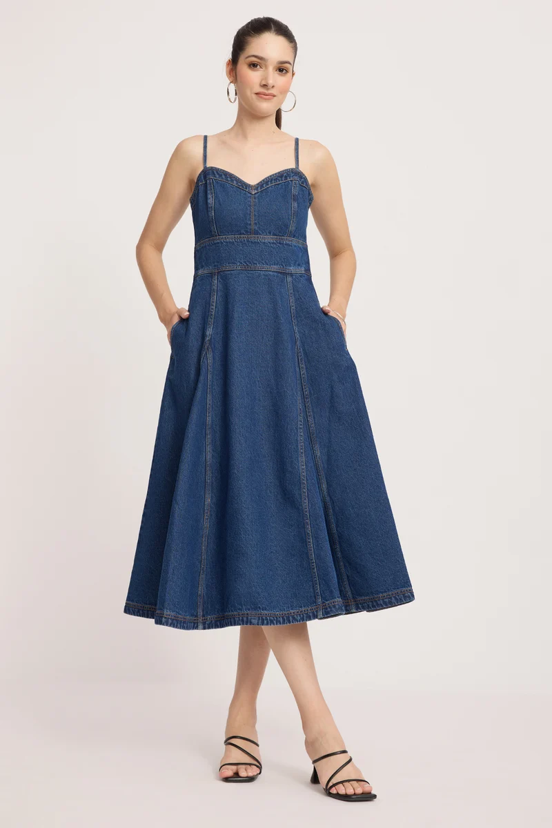 Affru|100% Cotton Denim Midi Dress