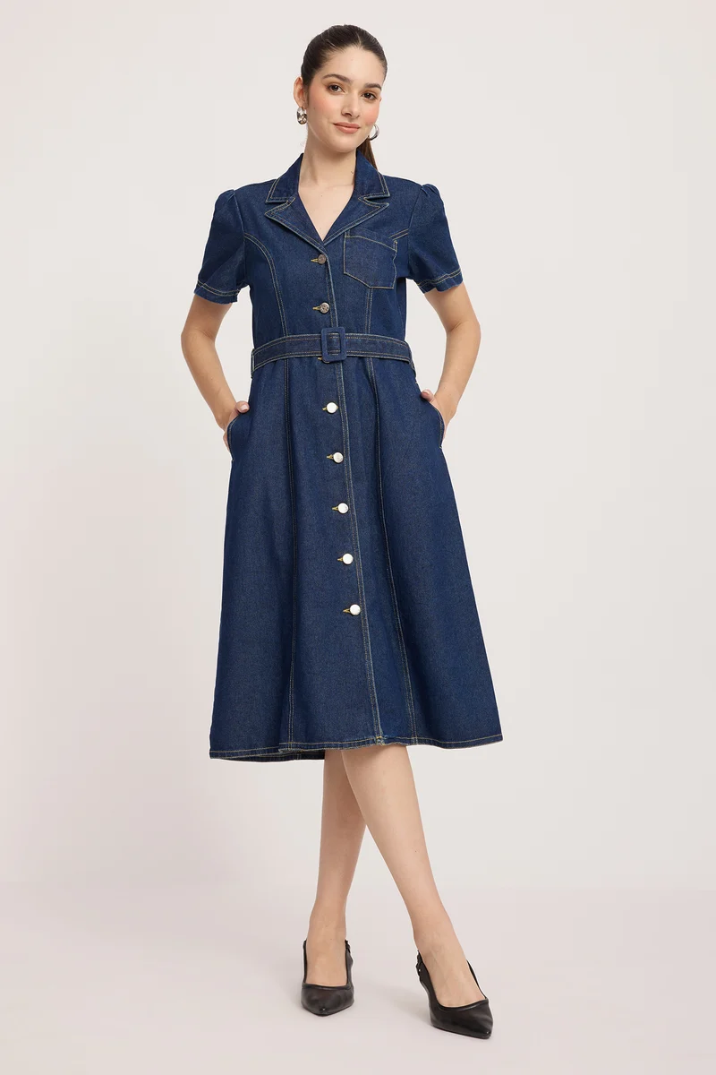Dinnu|100% Cotton Denim Midi Dress