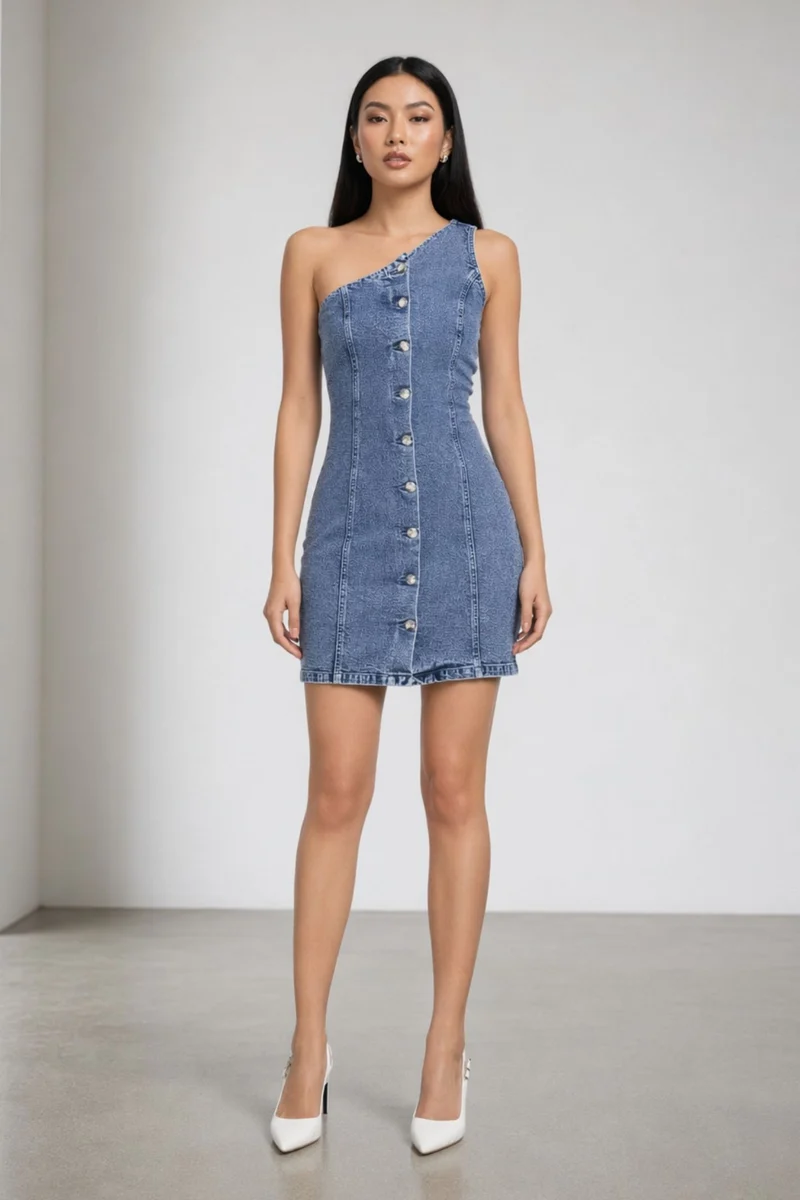 Nanni|100% Cotton Denim One Shoulder Dress