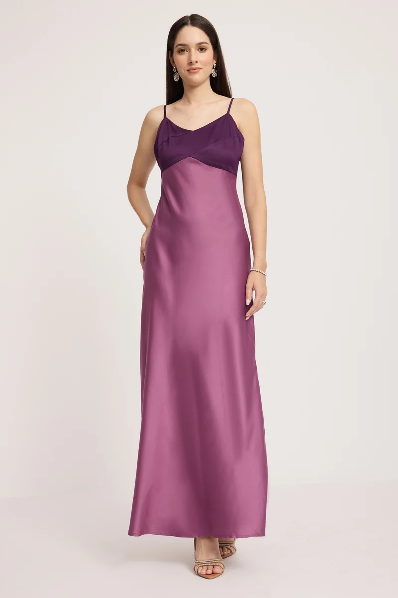 Kavra|100% Cotton Contrast Paneled Maxi Dress