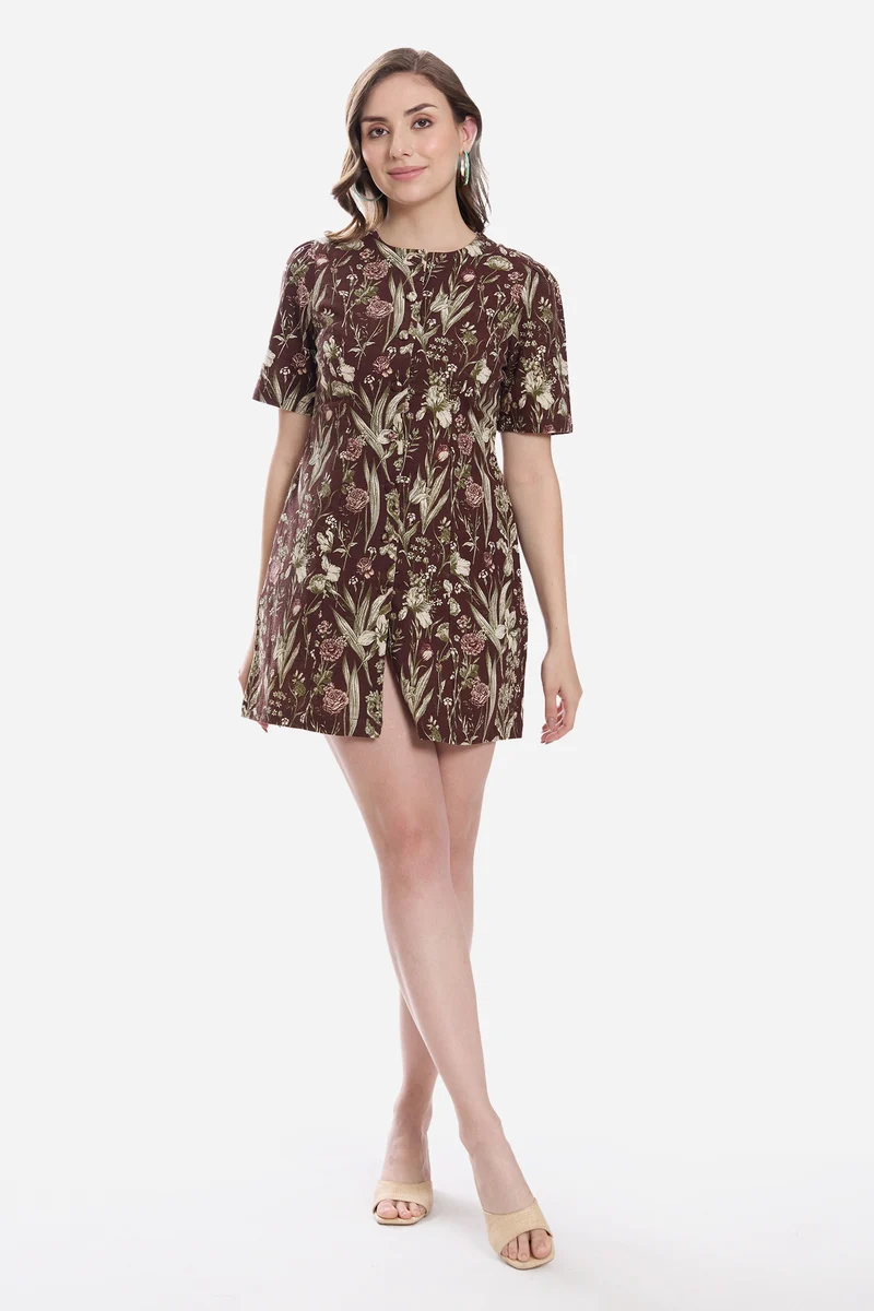 Elisa|100% Cotton Button Down Mini Brown Dress