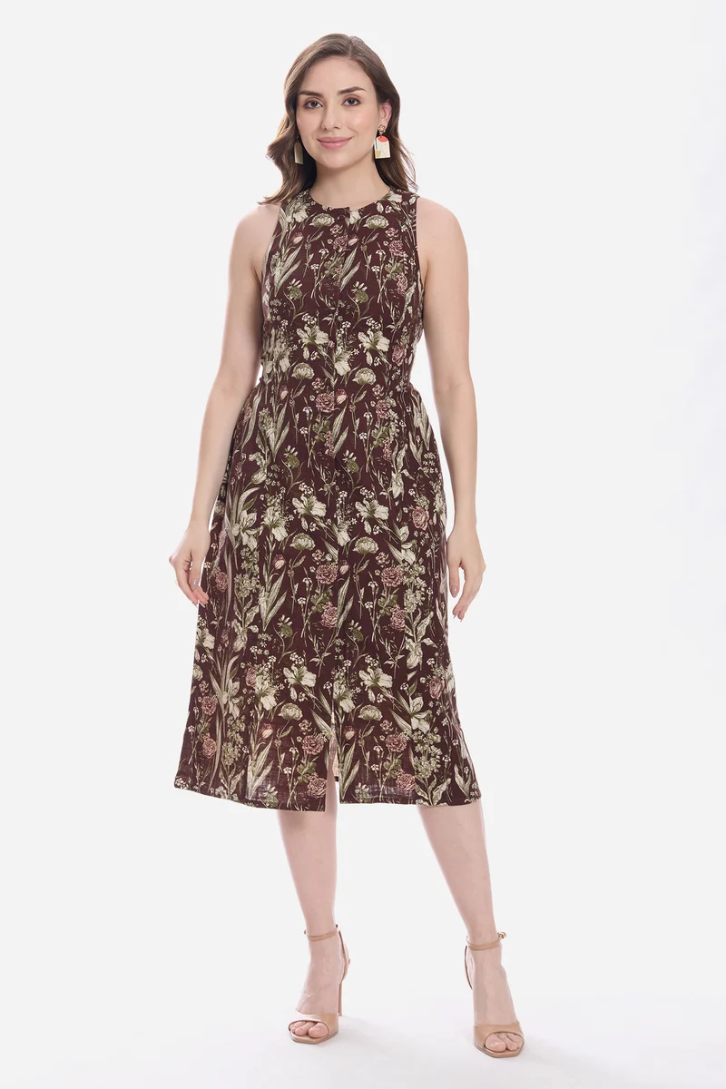 Sewang|100% Cotton Sleeveless Midi Dress