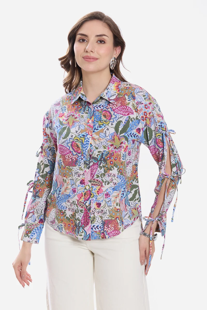 Kimy|100% Viscose Printed Tie-Up Shirt