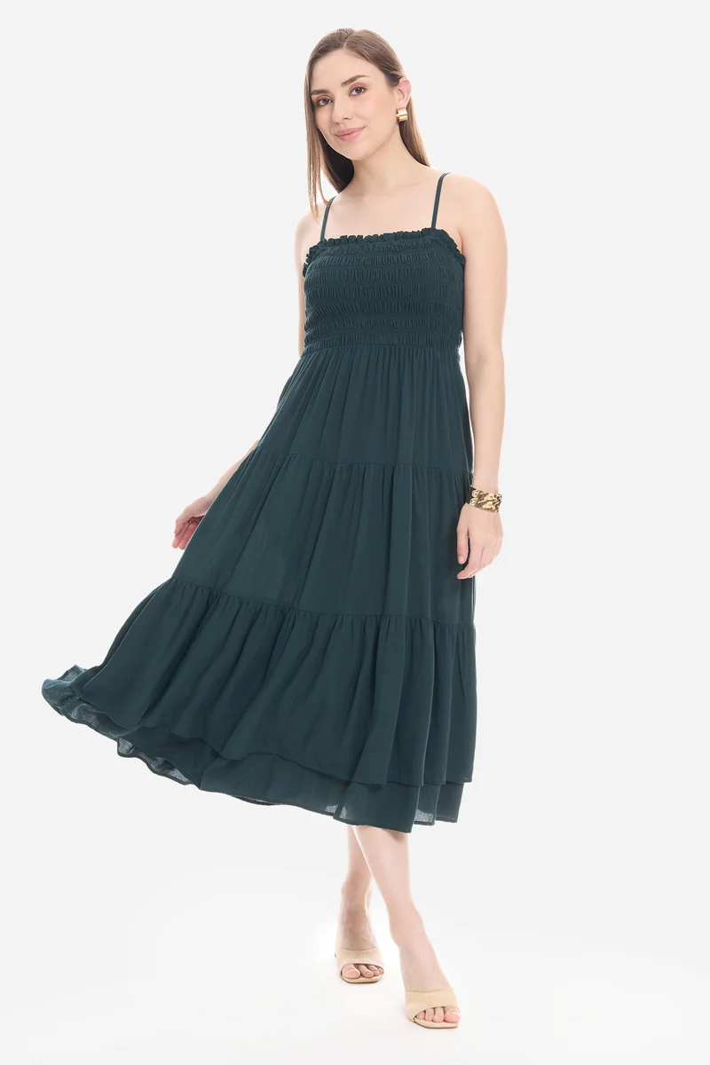 Naeie|100% Viscose Smocked Layered Midi Dress