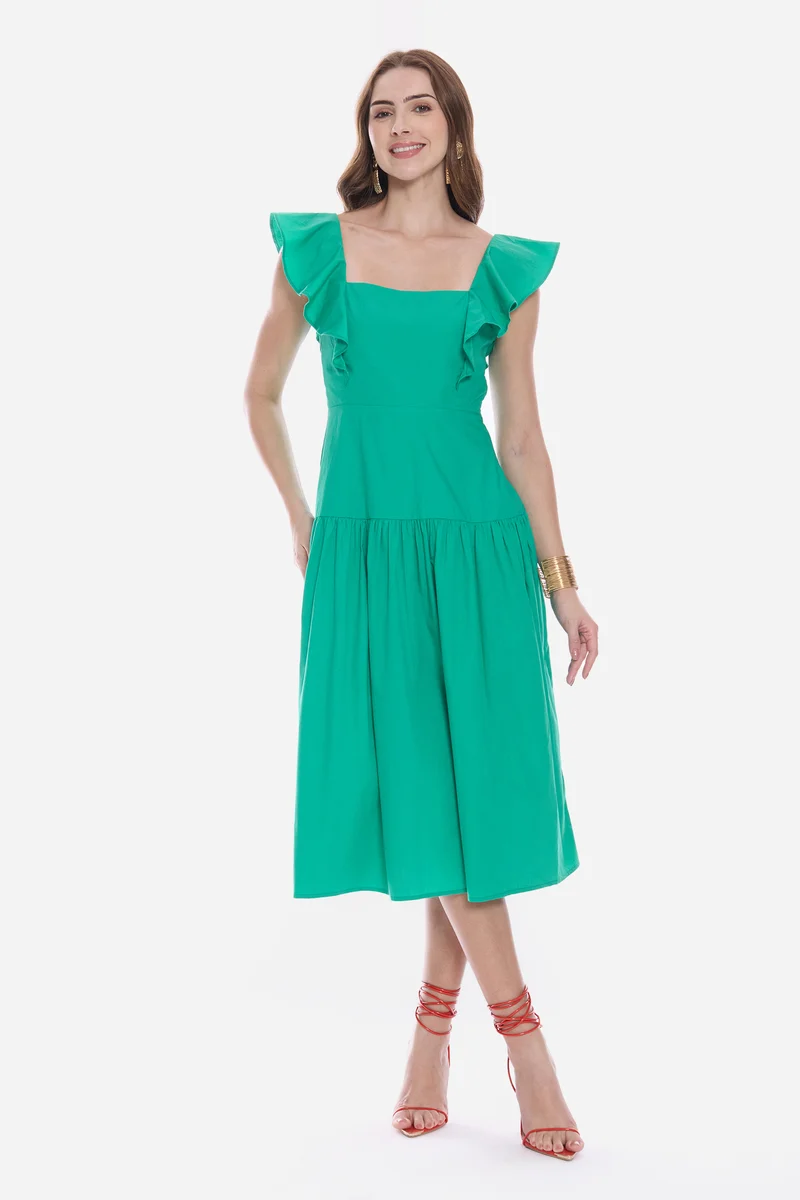 Olrna|100% Cotton Butterfly Sleeve Midi Dress