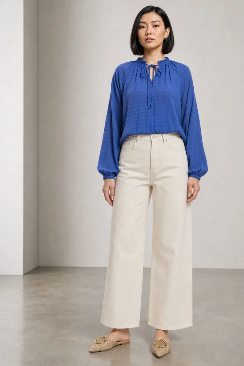 Aifril|100% Viscose Blue Top With Puff Sleeve