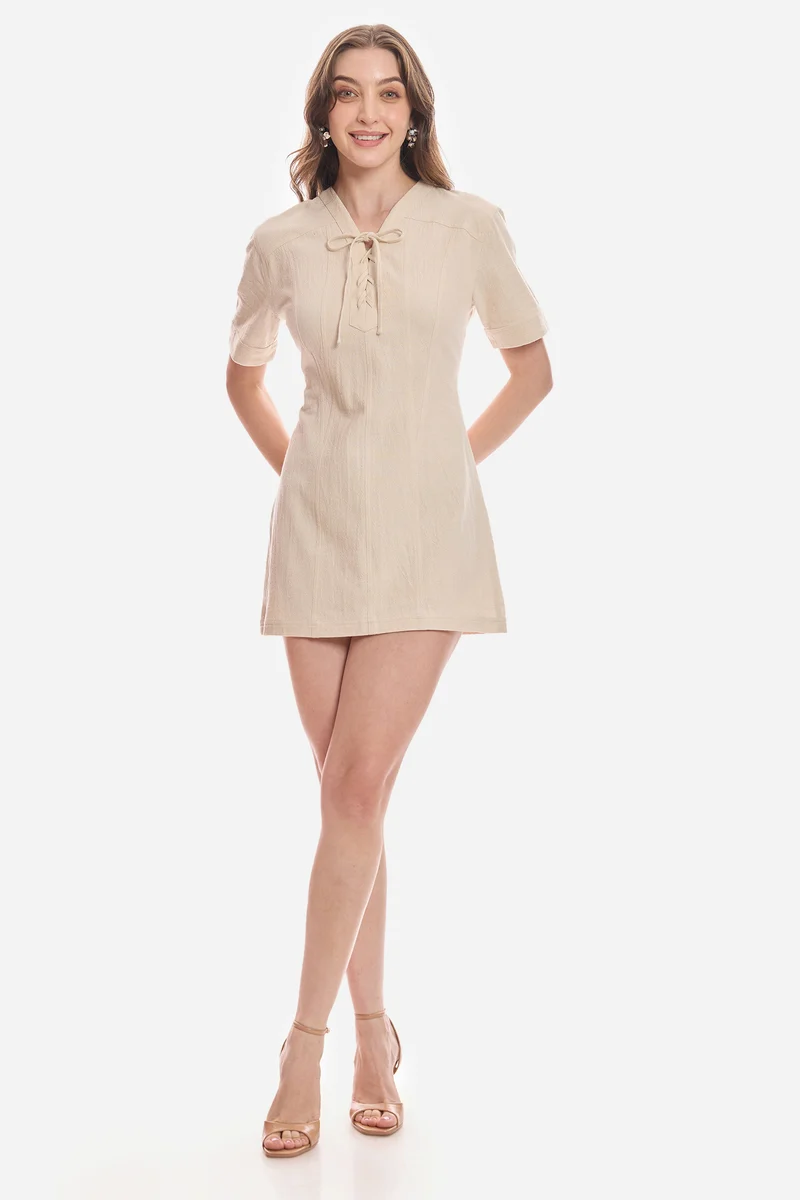 Nitha|100% Cotton Lace-Up Shirt Dress