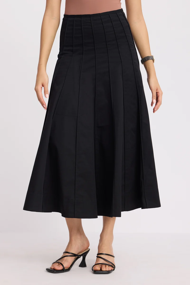 Genne|100% Cotton High Waist Paneled Midi Skirt