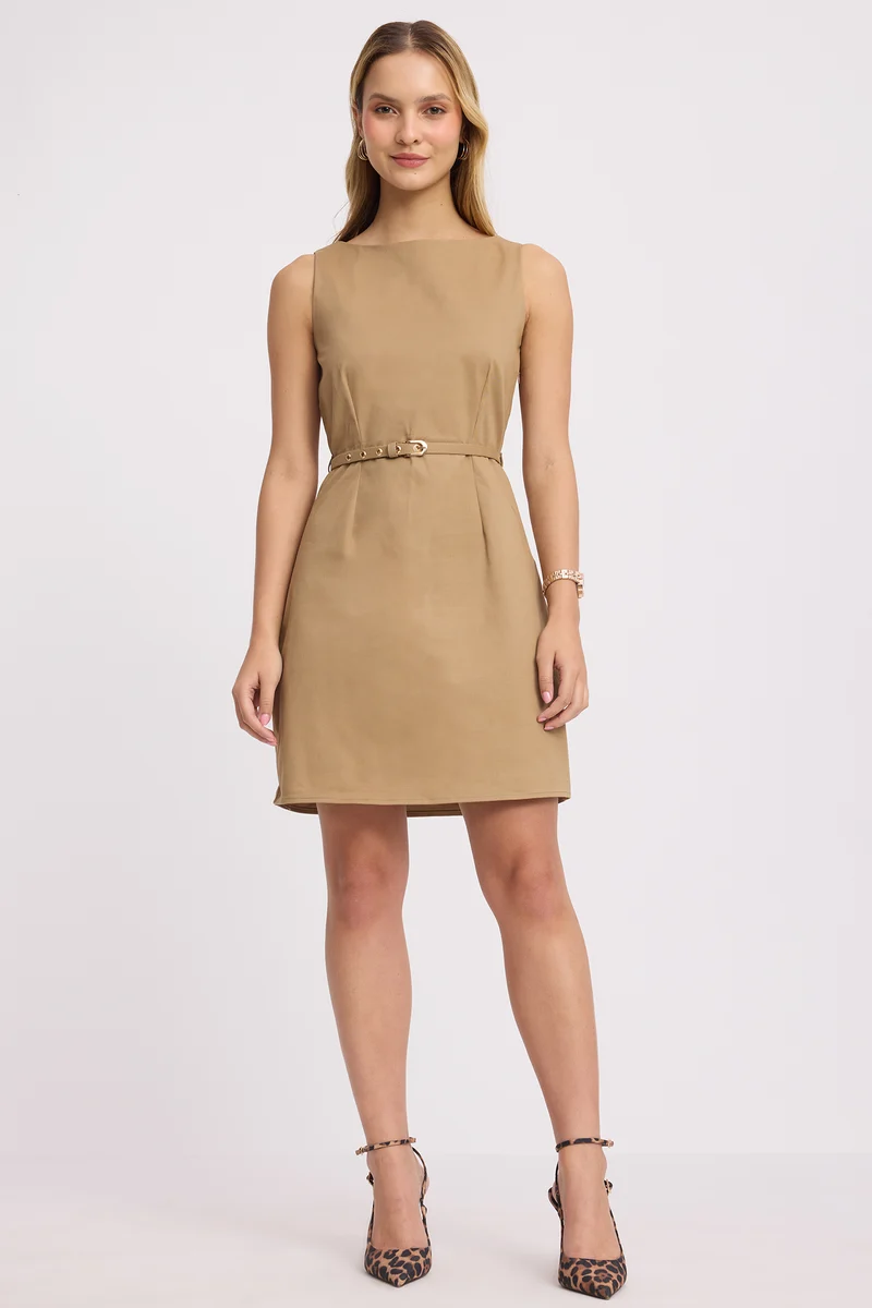 Youna|100% Cotton Boat Neck Belted Mini Dress