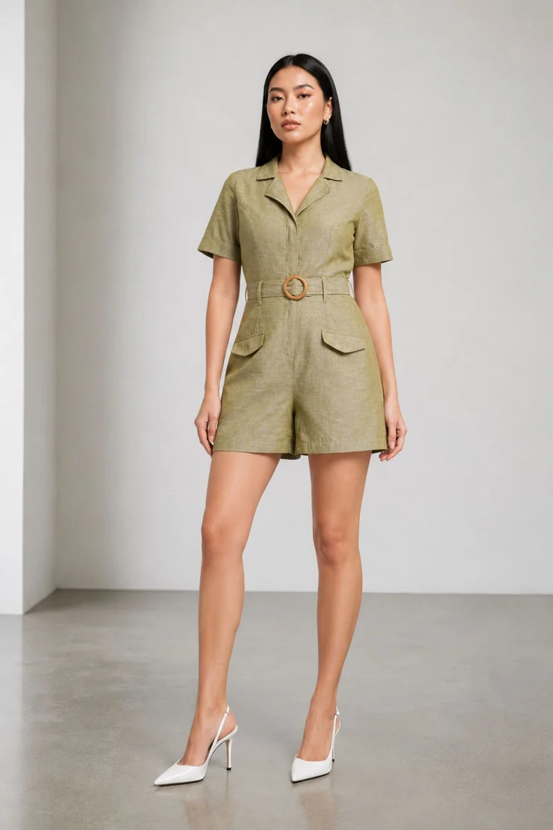 Suzi|100% Cotton Belted Utility Romper