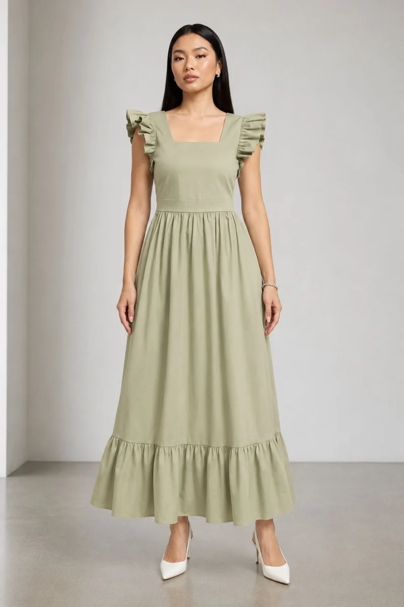 Binu|100% Cotton Flutter Sleeve Maxi Dress