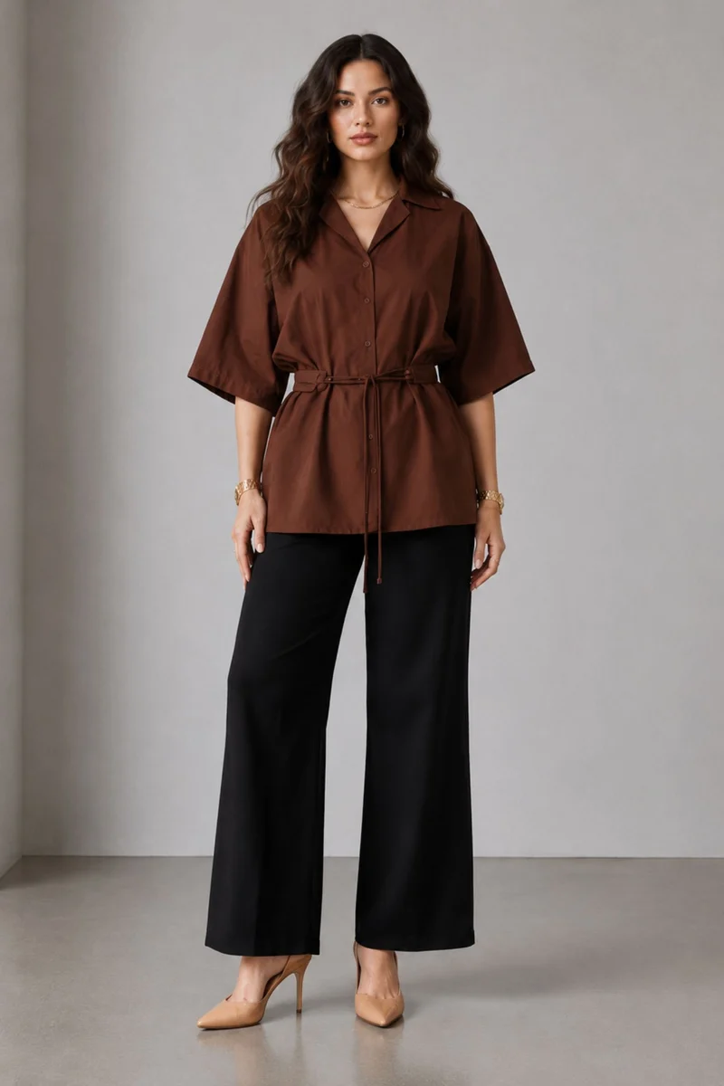 Taehi|100% Cotton Lapel Collar Shirt With Belt