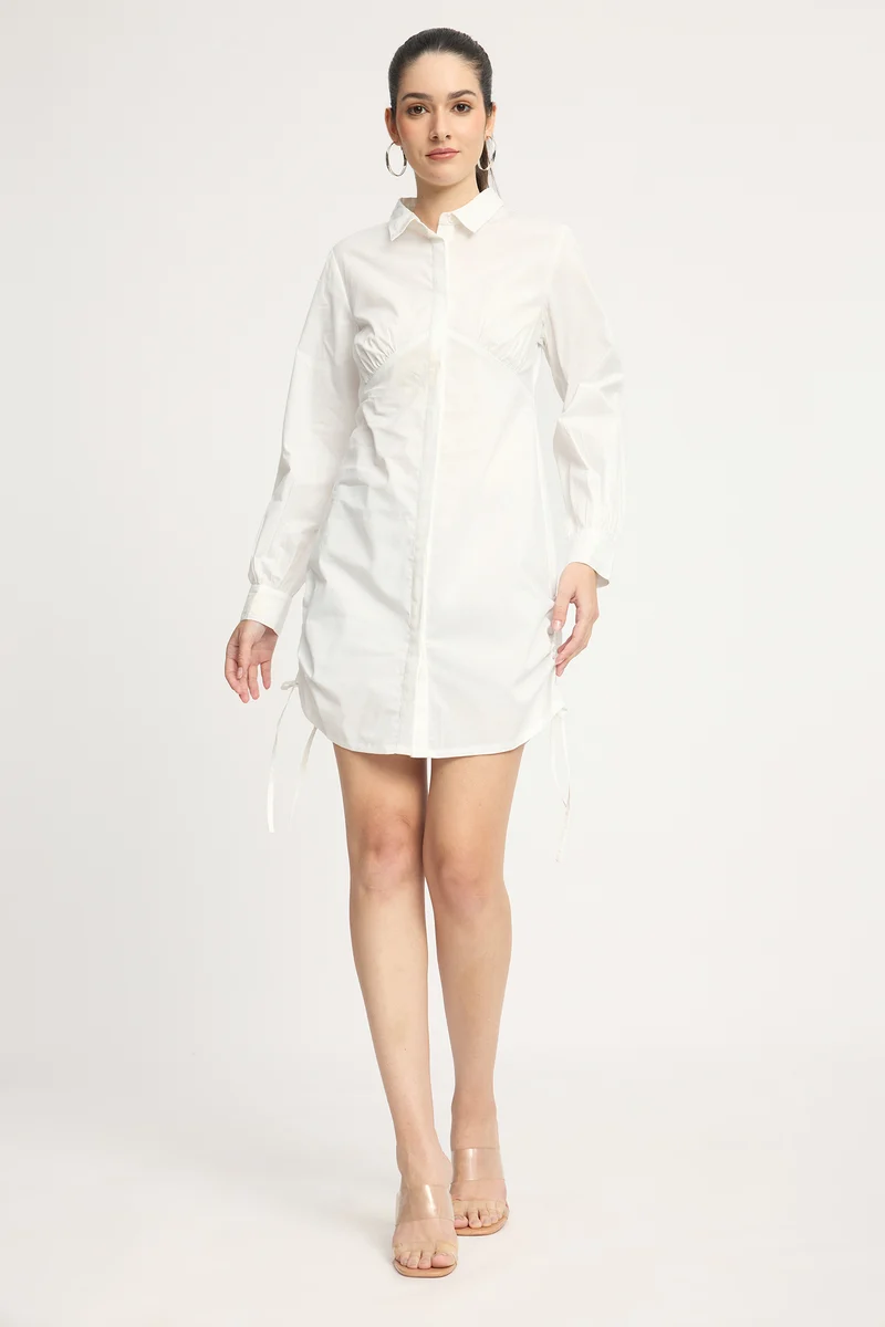 Hyungi|100% Cotton Side Ruched Shirt Mini Dress