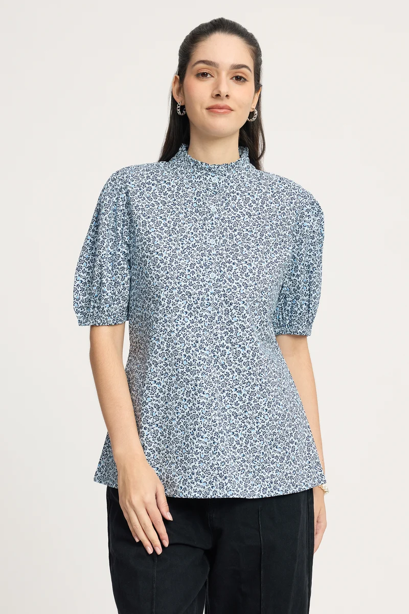 Jannik|100% Cotton Ruffled High Neck Printed Top