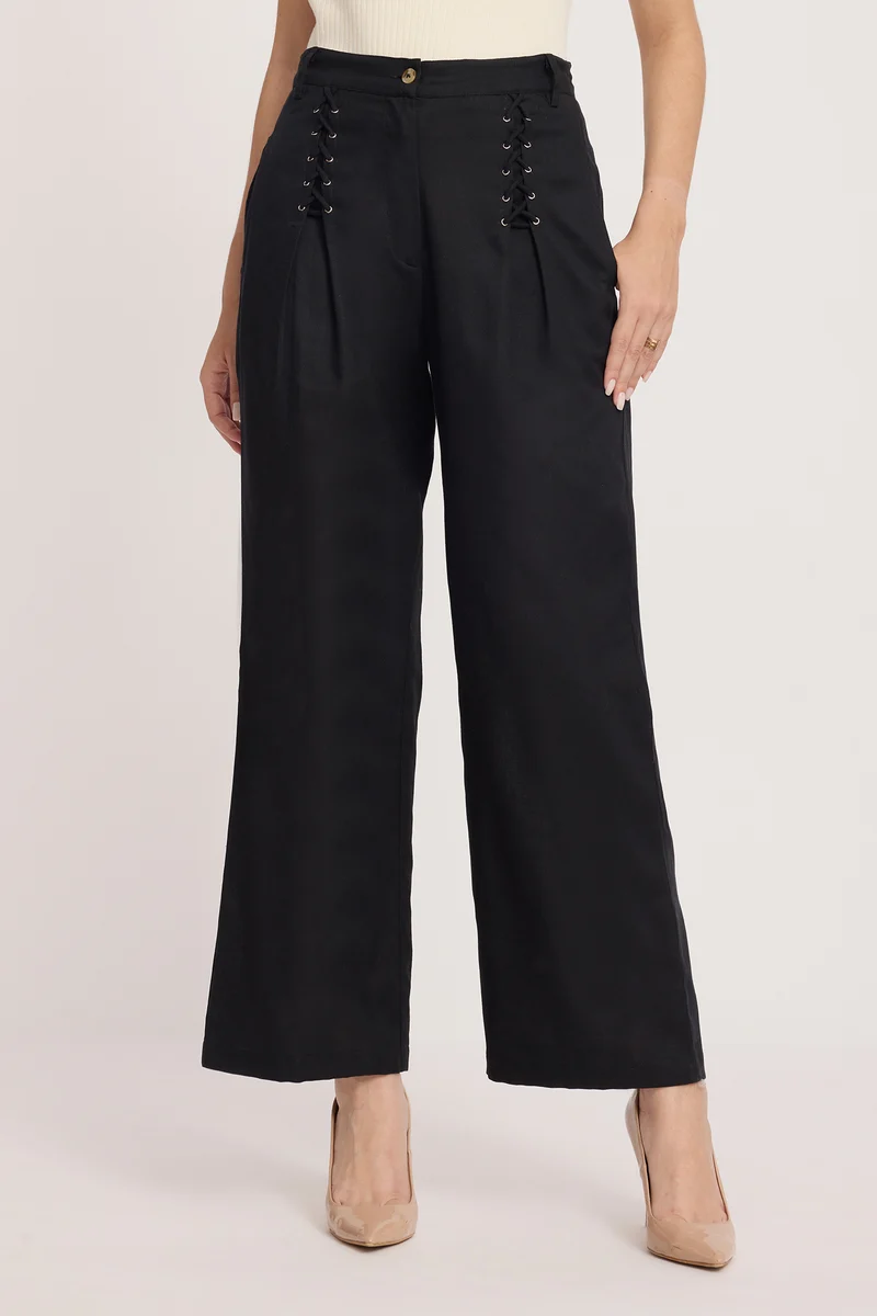 Hara|100% Cotton High Waist Lace-Up Detail Straight Pants