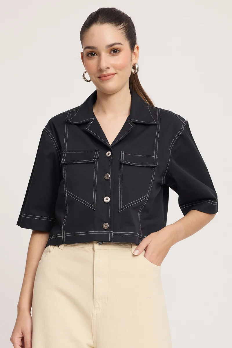 Caove|100% Cotton Contrast Stitch Crop Shacket
