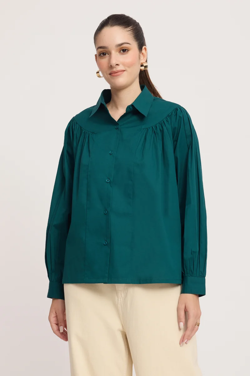 Aisva|100% Cotton Gathered Yoke Boxy Shirt