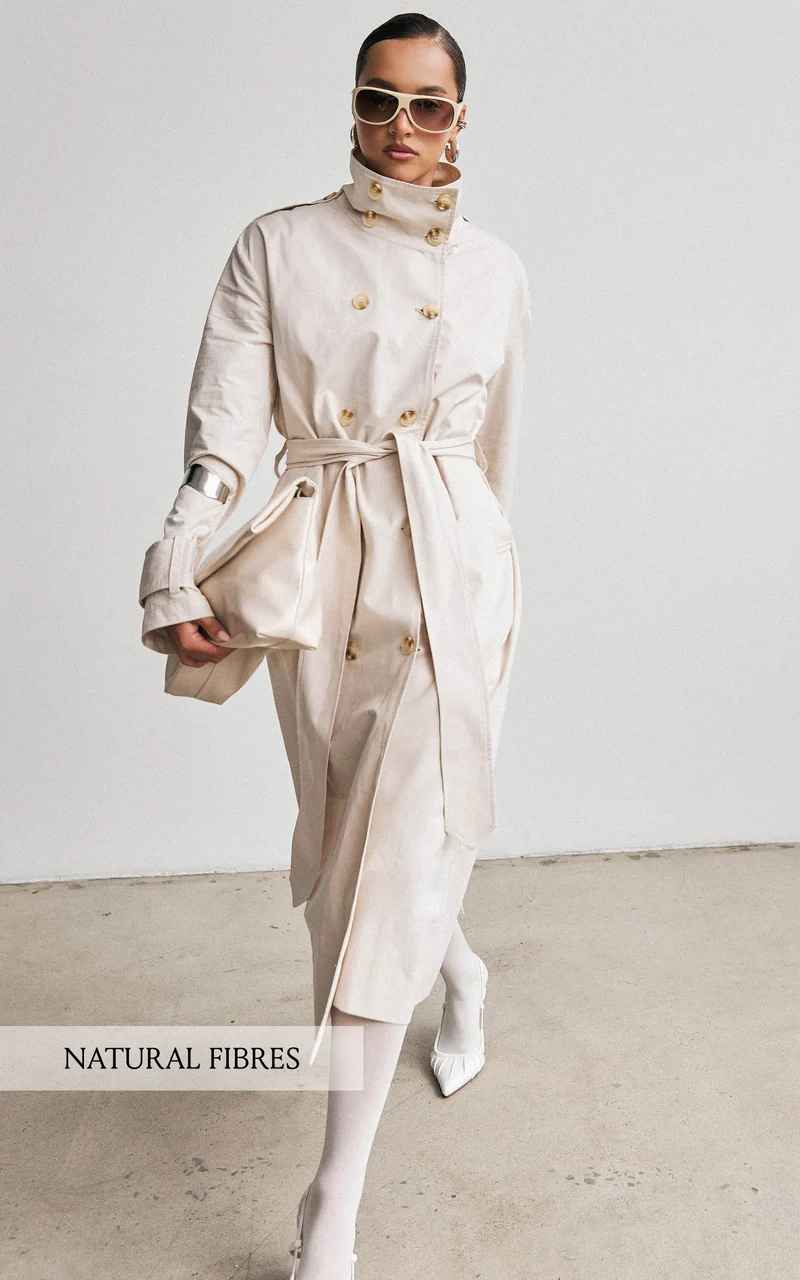 Isla Coat - Funnel Neck Double Breasted Longline Trench Coat in Stone