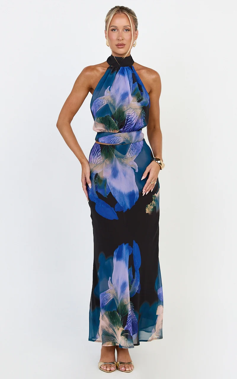 Nova Top - High Neck Georgette Top in Midnight Resort Orchid Print