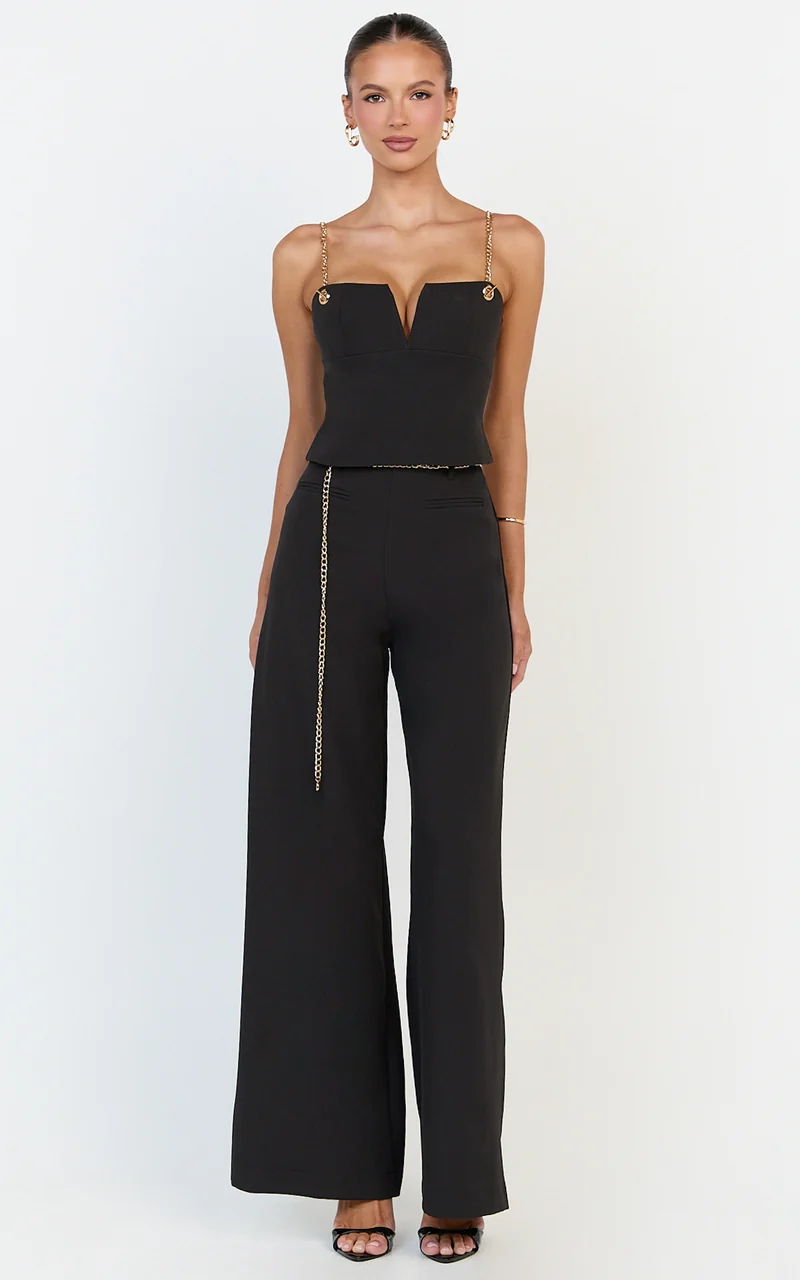 Miren Pants - High Waist Wide Leg Pants With Removable Gold Chain Belt in Black