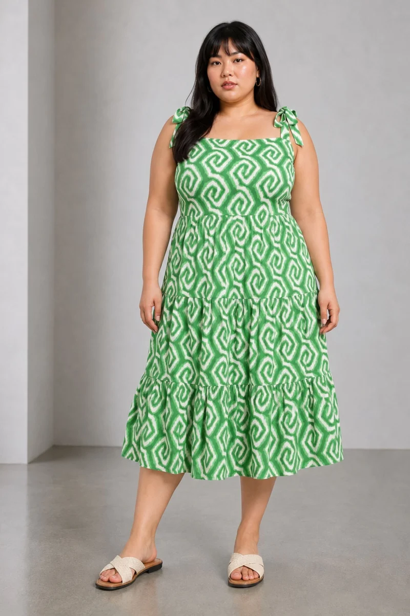 Elsla|100% Viscose Shoulder Tie Up Midi Dress