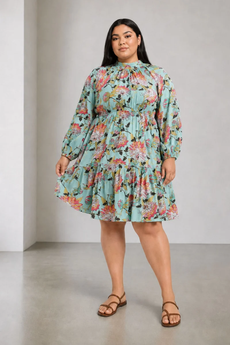Elrna|100% Viscose Mock Neck With Bow Midi Dress