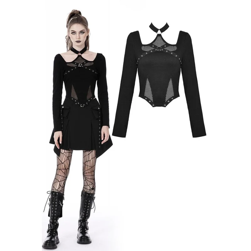 Punk Mesh Splice Halterneck Crop Top för kvinnor