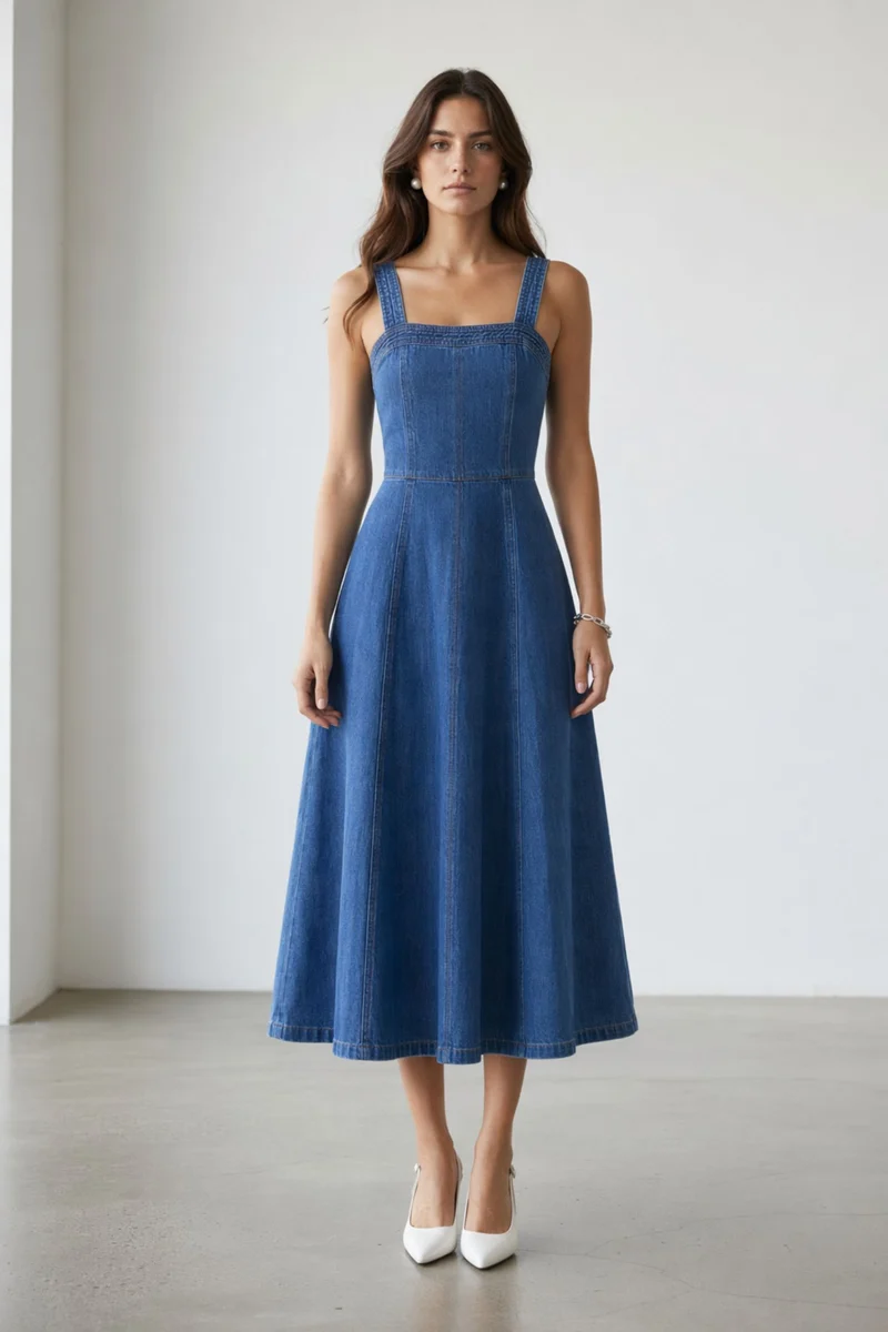 Ayana|100% Cotton Denim Panelled Midi Dress