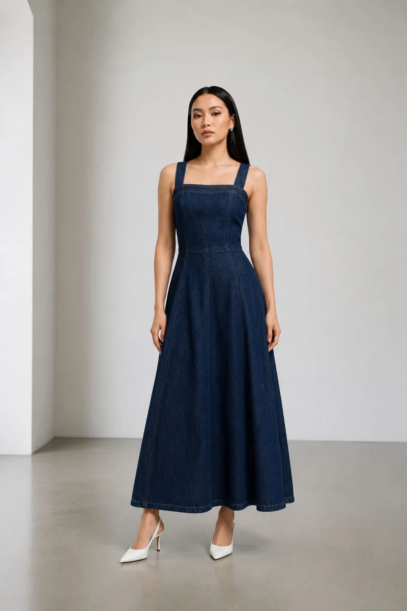 Sanaa|100% Cotton Denim Panelled Midi Dress