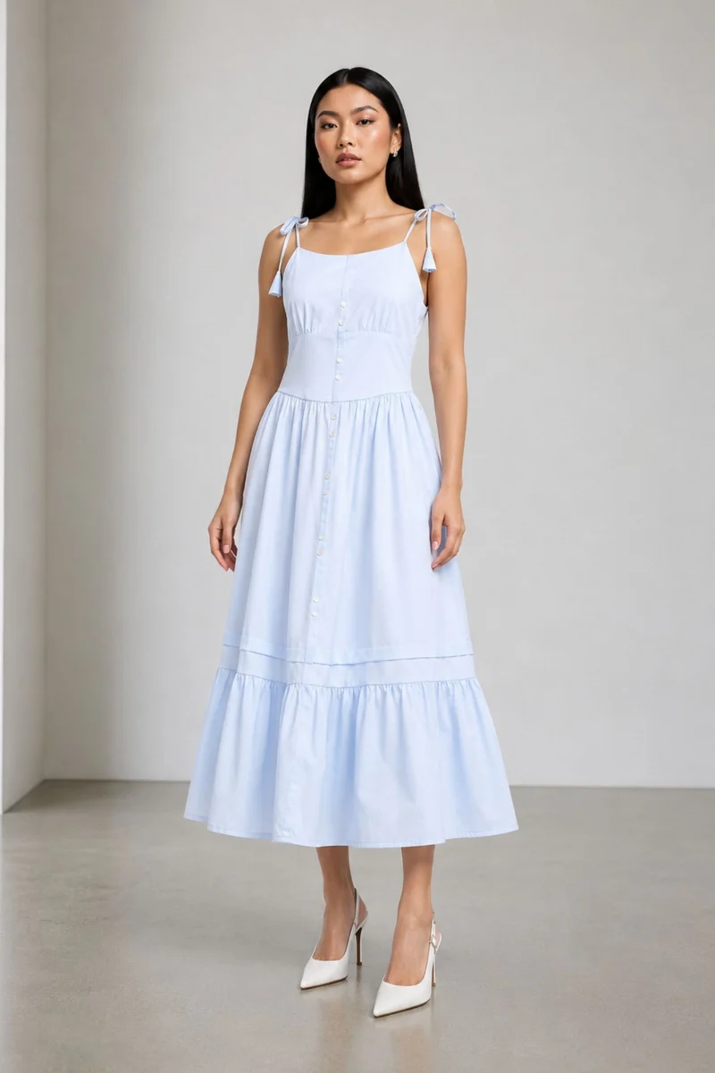 Imau|100% Cotton Shoulder Tie-Up Maxi Dress
