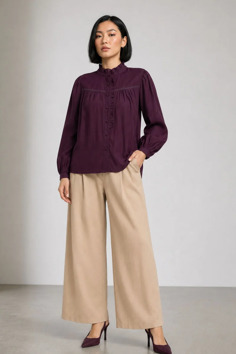 Xocana|100% Viscose Mandarin Collar Shirt