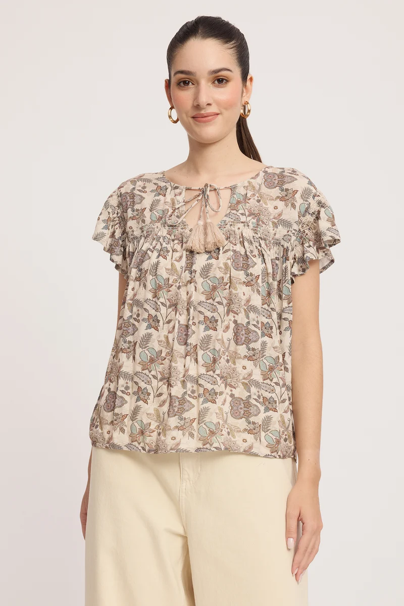 Rara|100% Viscose Tie-Up Top With Flutter Sleeves