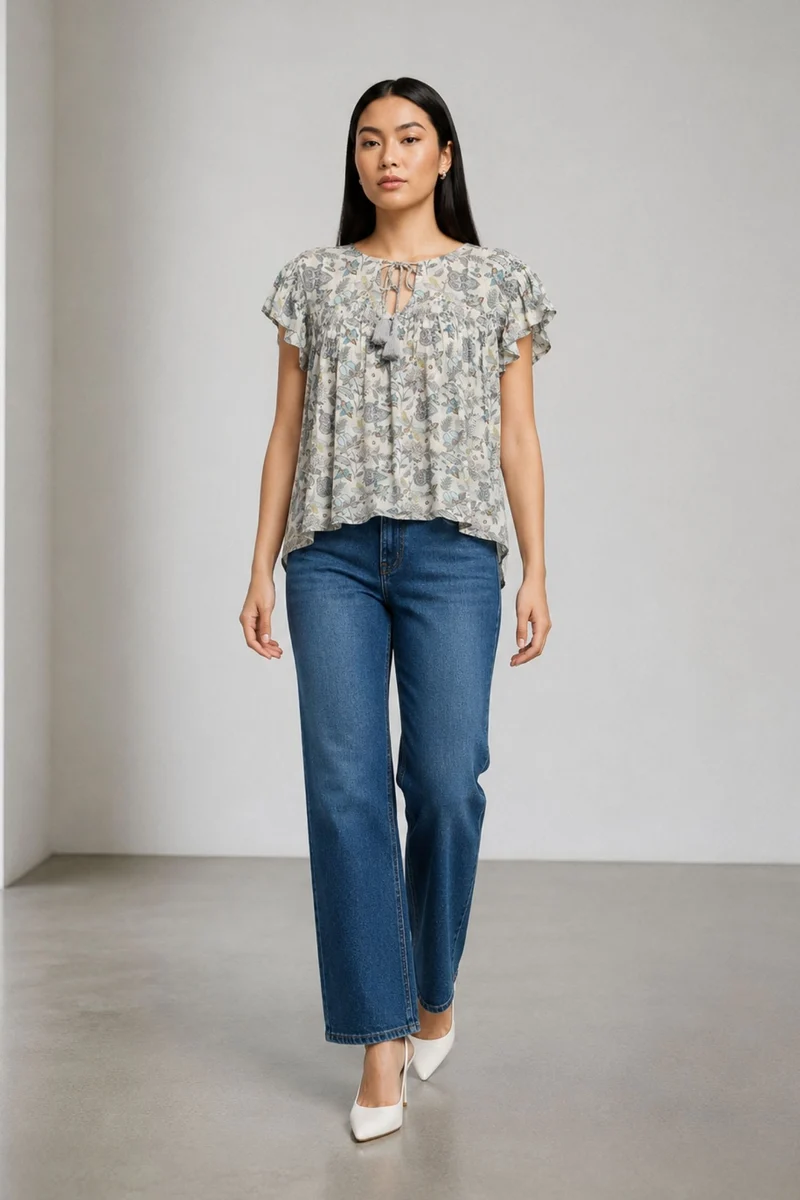 Deiimhe|100% Viscose Tie-Up Top With Flutter Sleeves