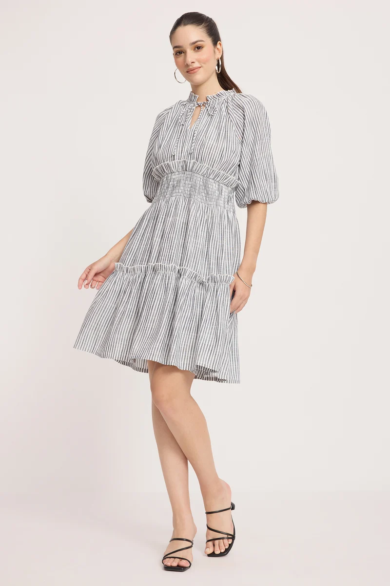 Kaliba|100% Viscose Tie-Up Neck Mini Dress