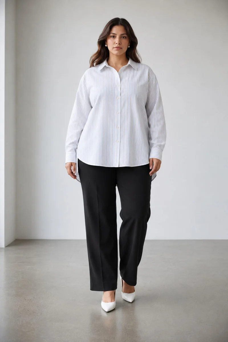 Civei|100% Cotton Striped Shirt Button Detail