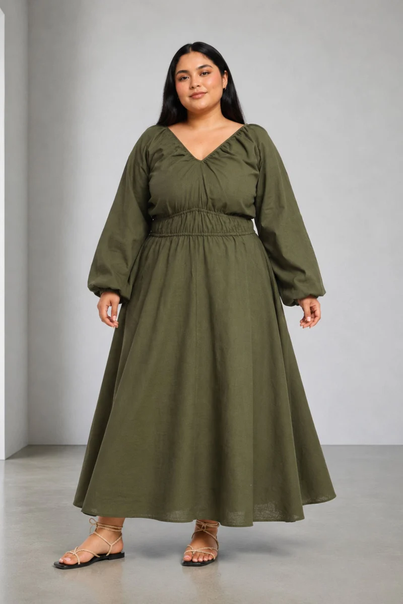 Jorrid|100% Cotton V Neck Gathered Maxi Dress