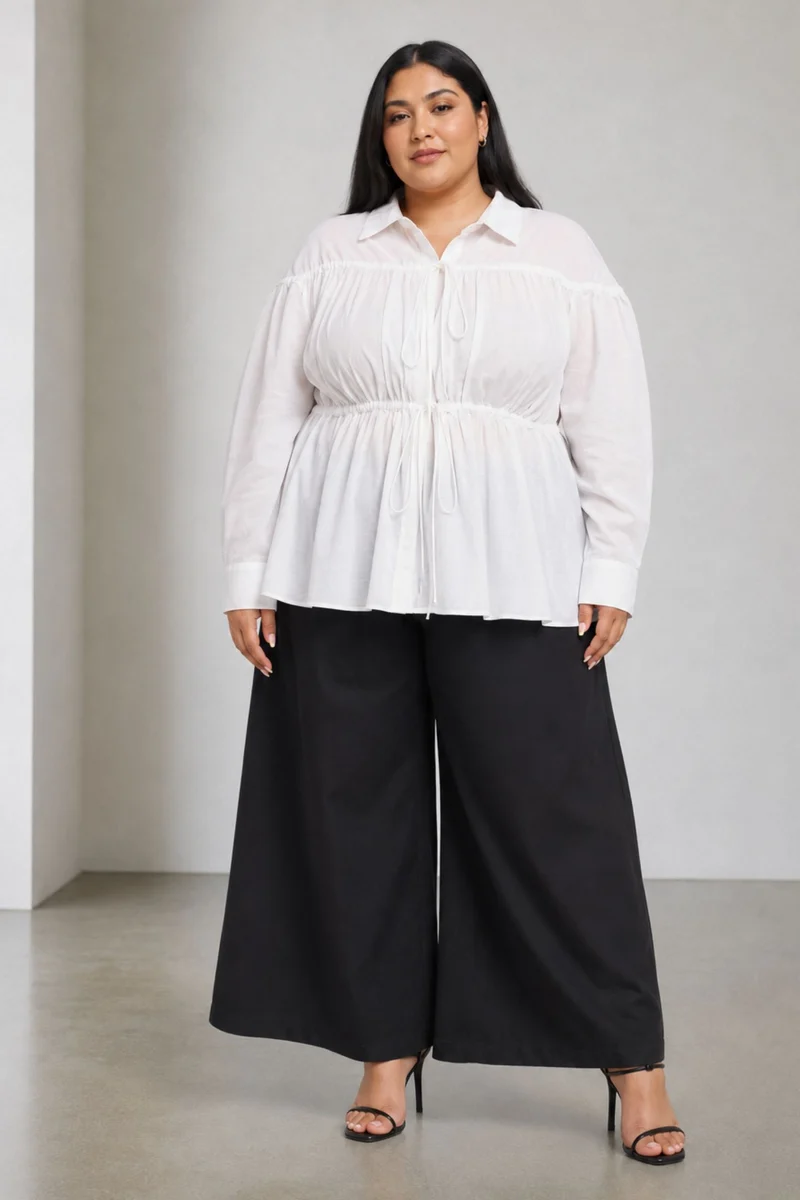Teive|100% Cotton Gathered Tie Up Shirt