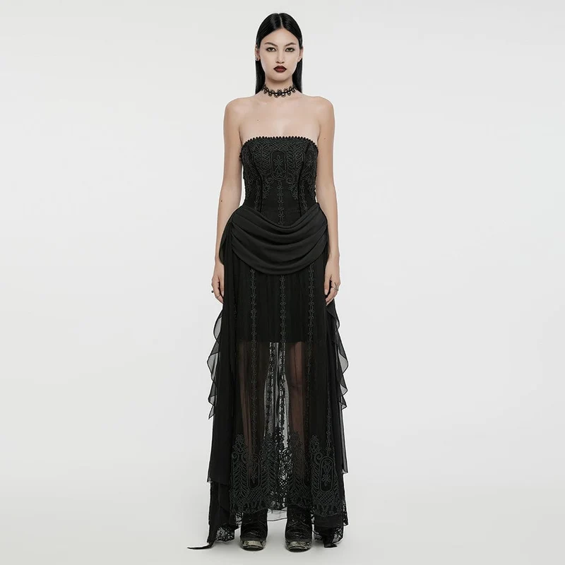 Gothic Pärlstav Ruched Chiffong Splitskorsett Klänning för kvinnor