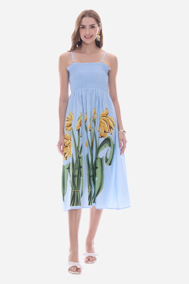 Emden|100% Cotton Smocked Bodice Midi Dress
