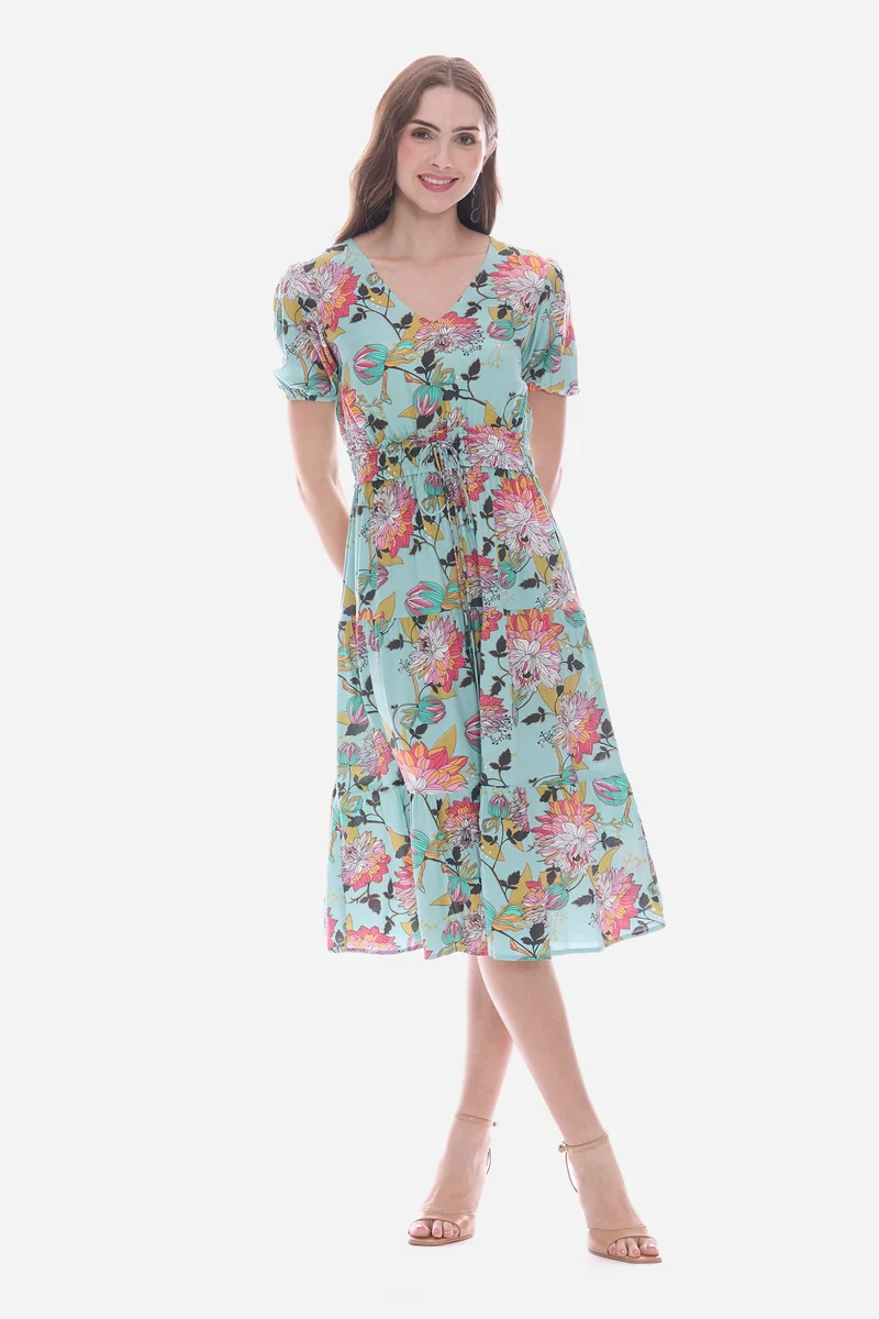 Emea|100% Viscose Cinched Waist Midi Dress