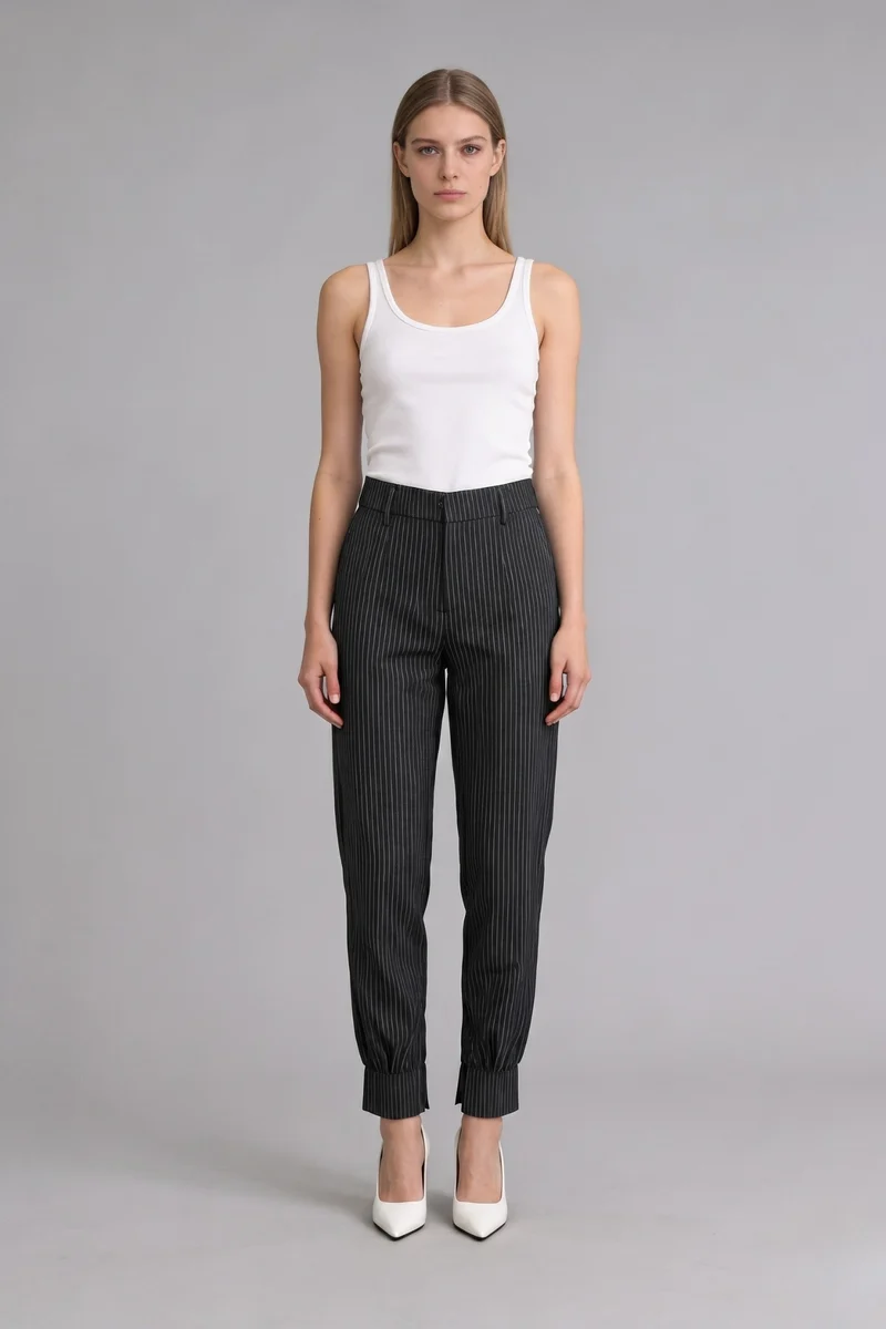 Sylvia Trouser|100% Cotton Pinstripe Pleated Tapered Trouser