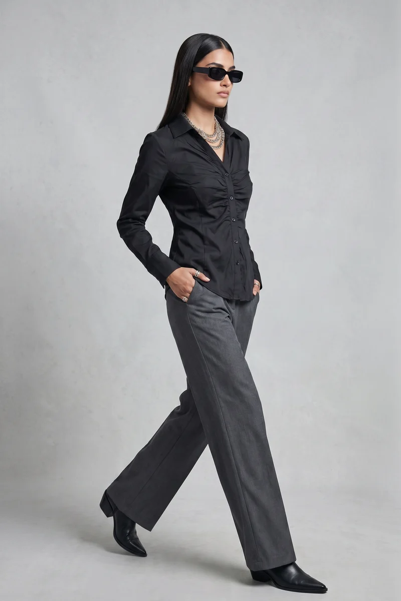 Scarlett|100% Cotton Ruched Cf Placket Shirt
