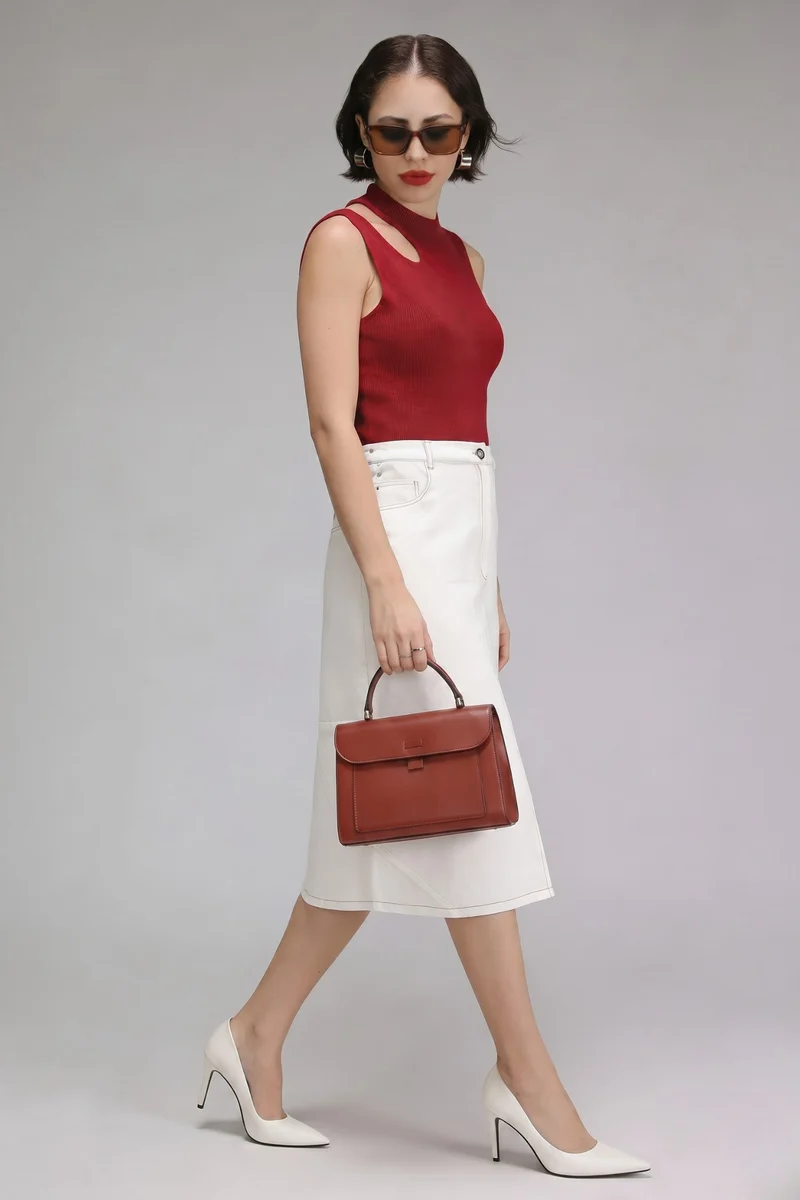 Camille|100% Cotton Midi Denim Skirt With Front Slit