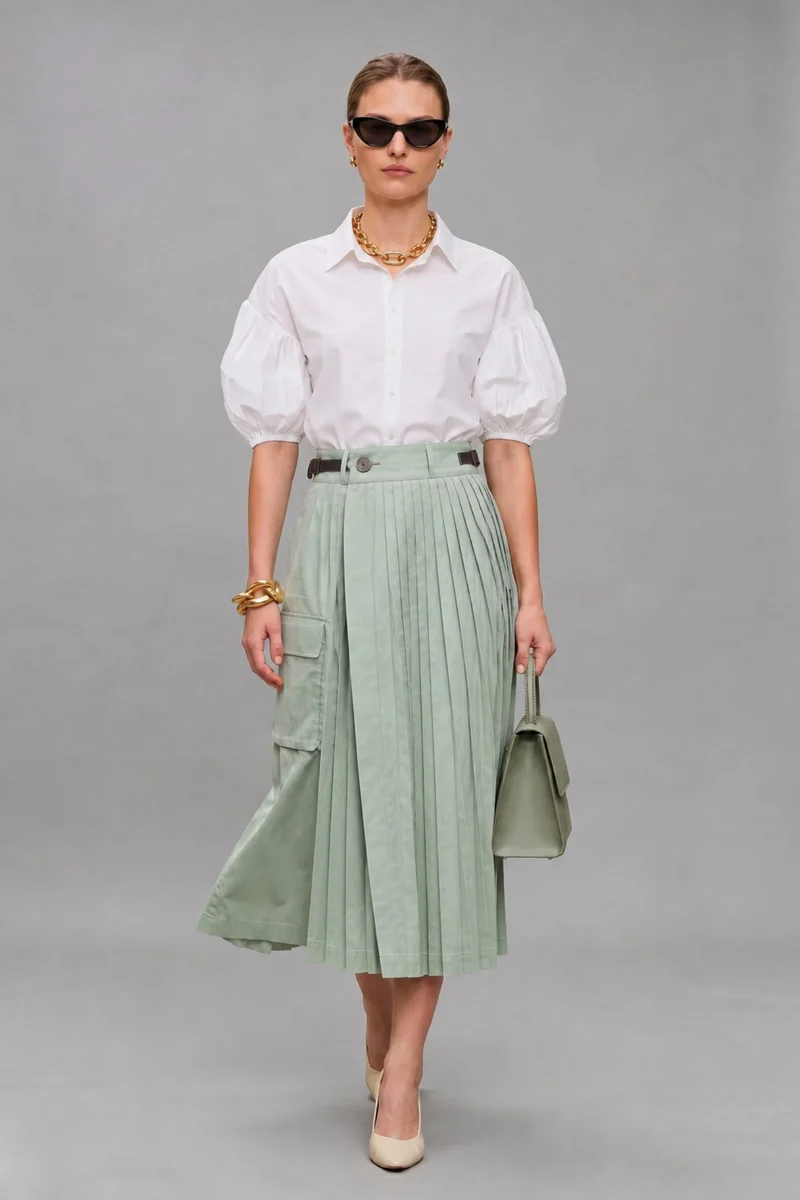 Rosalind|100% Cotton Pleated Cargo Wrap Midi Skirt
