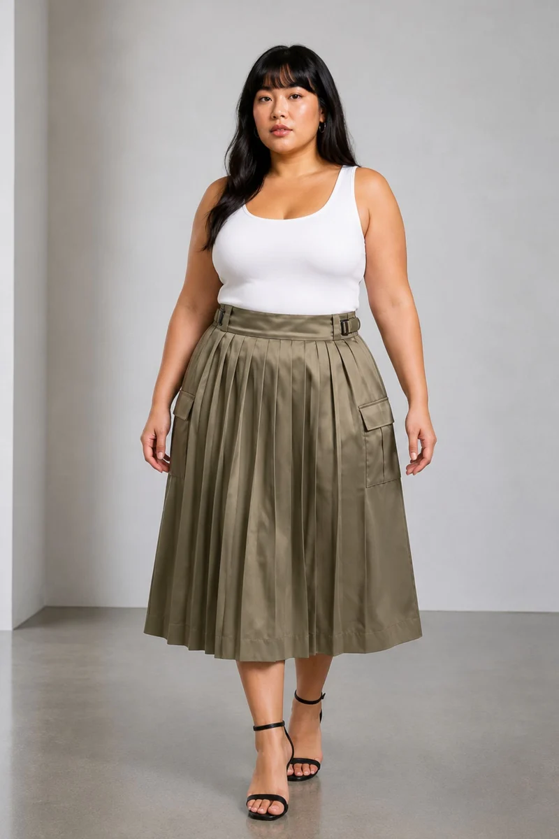 Whitney Skirt|Cotton Poly Pleated Cargo Wrap Midi Skirt