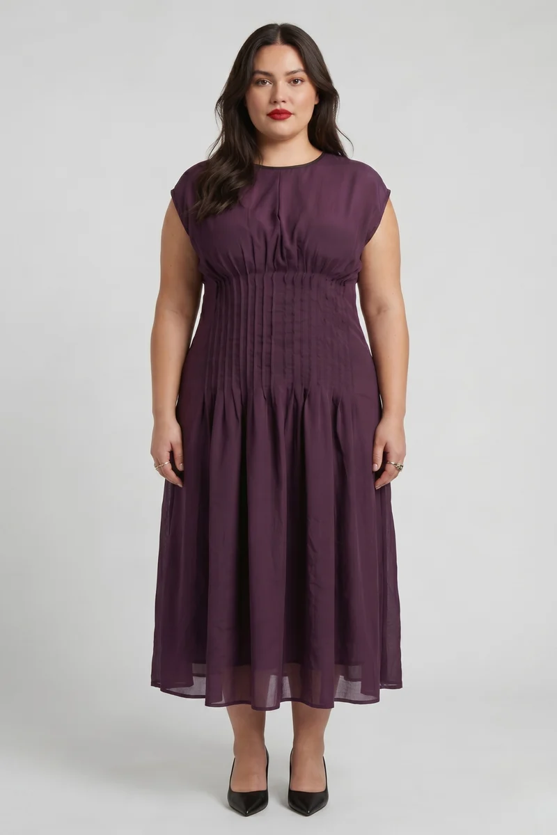 Romilly|100% Viscose Pintuck A-Line Maxi Dress