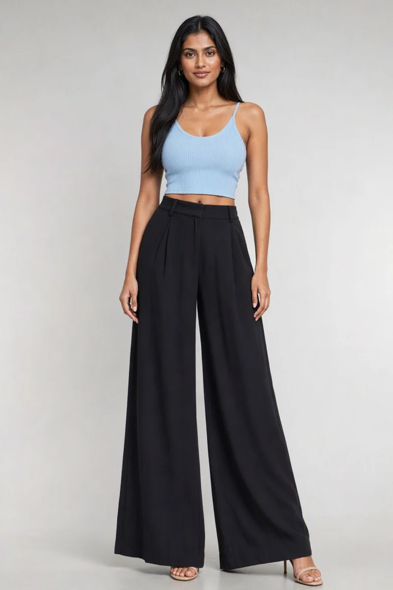 Isrna|100% Viscose Wide Leg Pleated Trousers