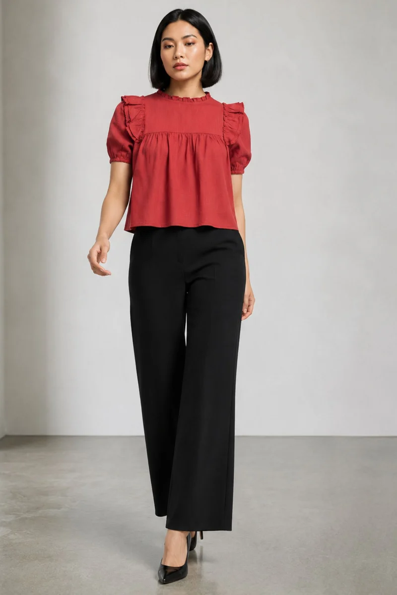 Paltso|100% Viscose Ruffle Boxy Crop Top