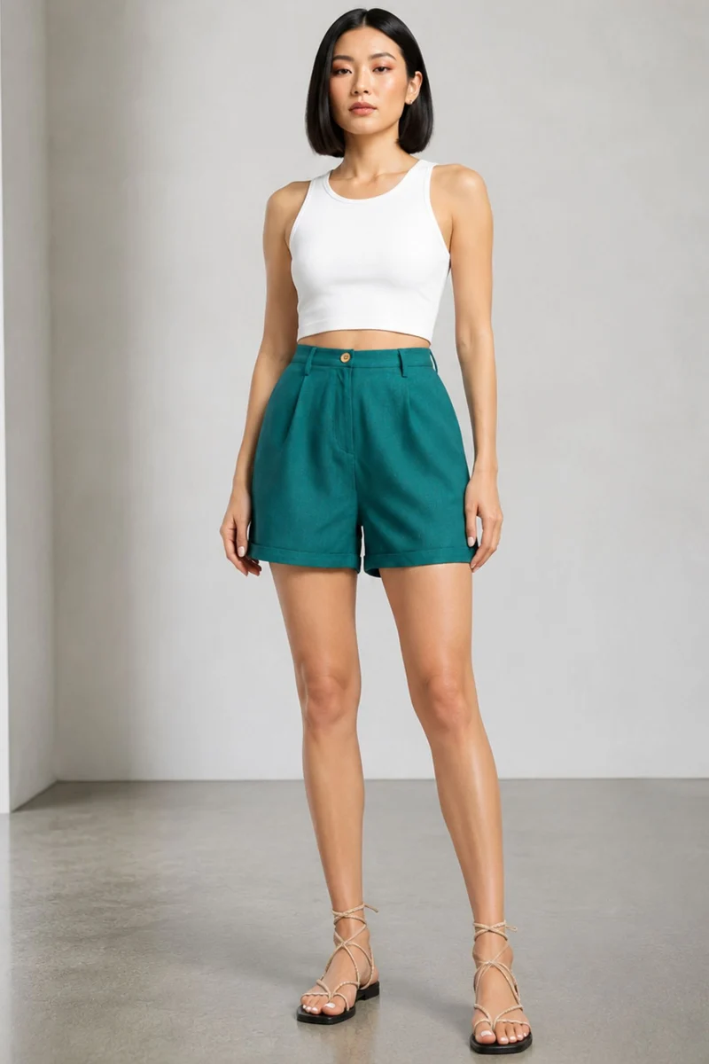 Istla|100% Viscose Relaxed High Waist Shorts