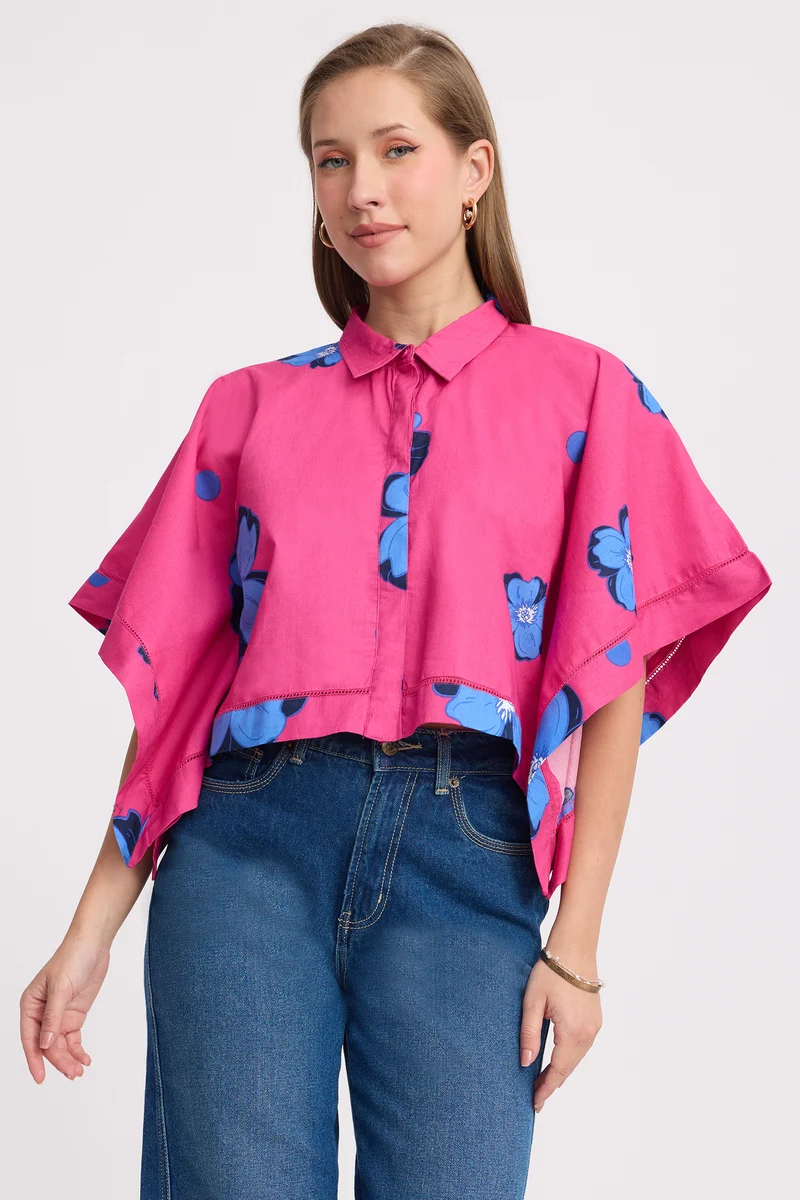 Inku|100% Cotton Floral Kaftan Crop Shirt